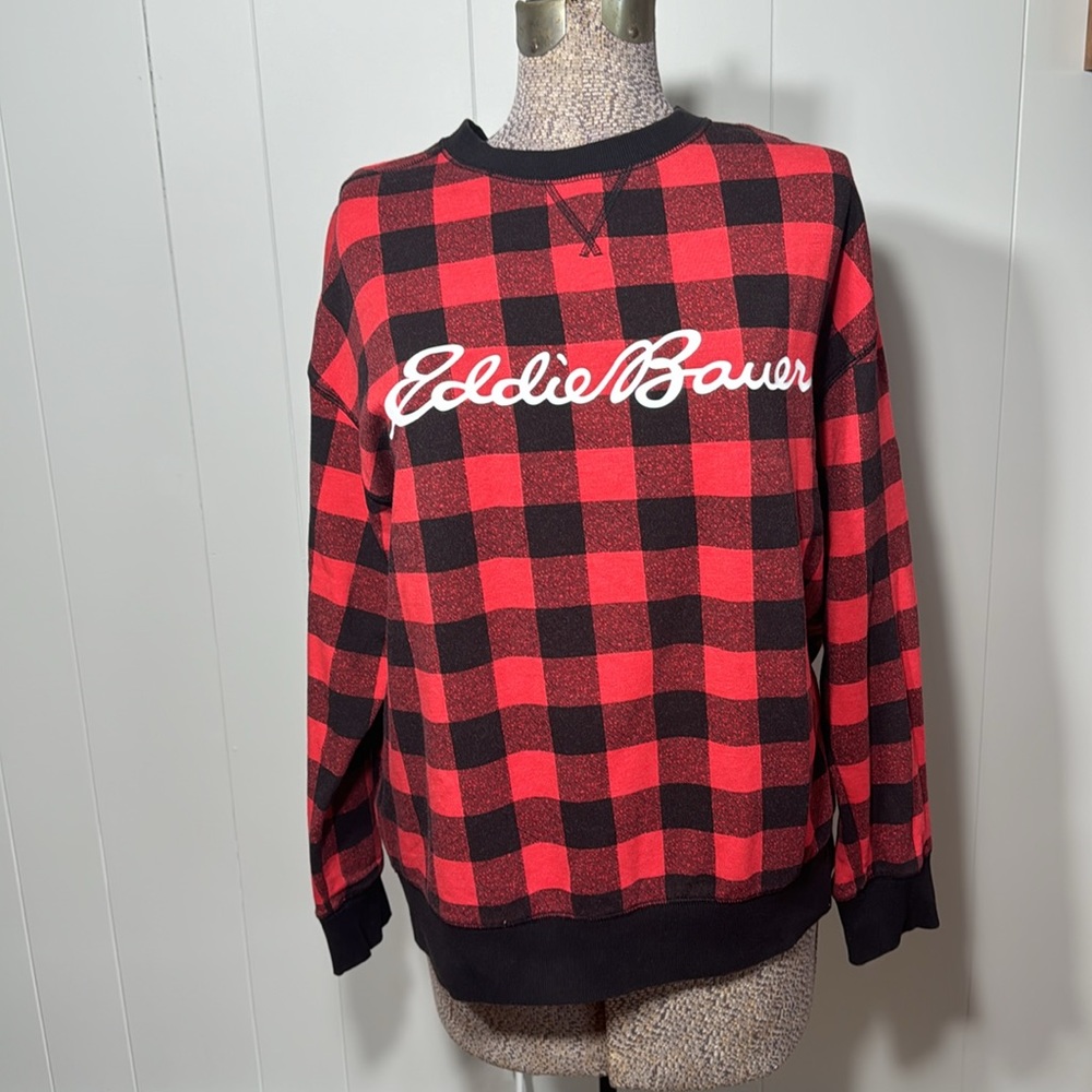 Eddie Bauer Womens Large Buffalo Plaid Red & Black Crew Neck Sweatshirt